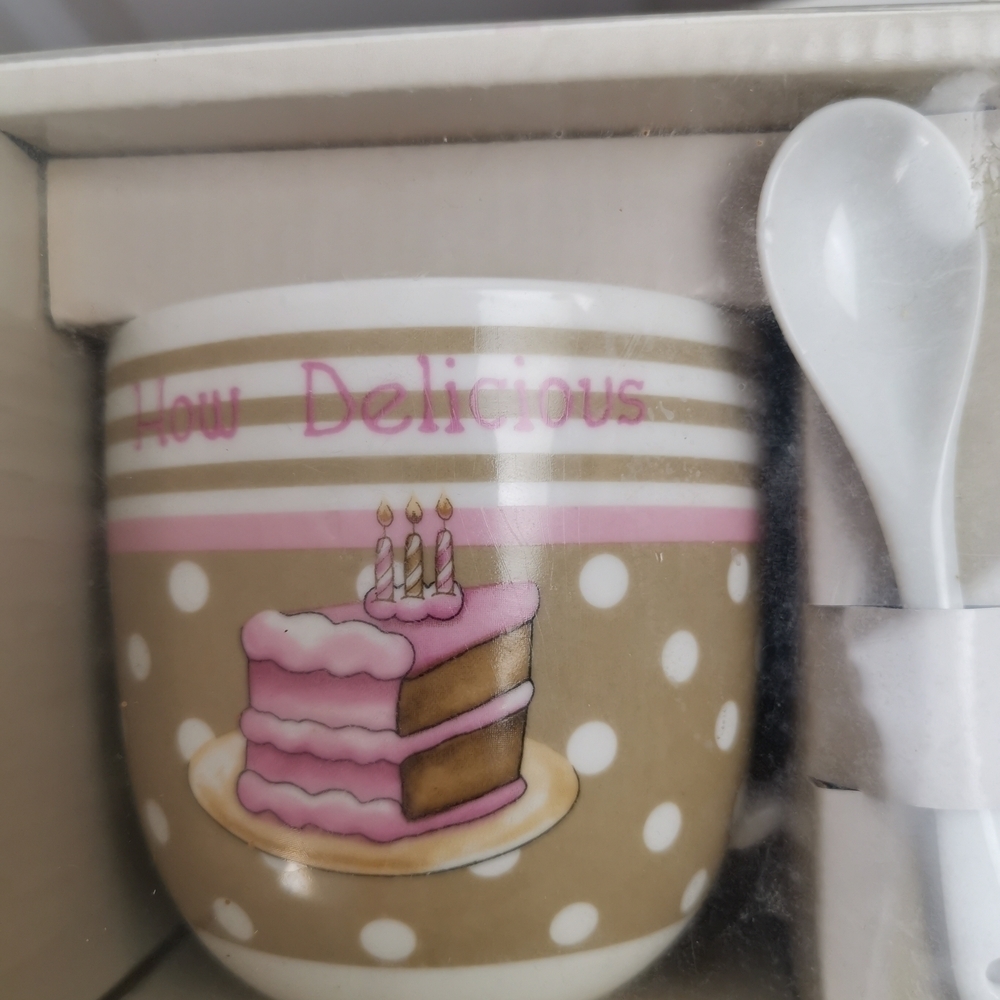 Brown and Pink Ceramic Coffee Mug with Cake Design